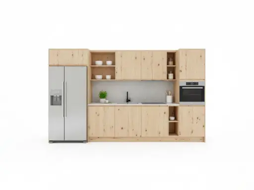 Cuisine 8m2 moderne avec réfrigérateur argenté, placards en bois clair, évier noir et four intégré.