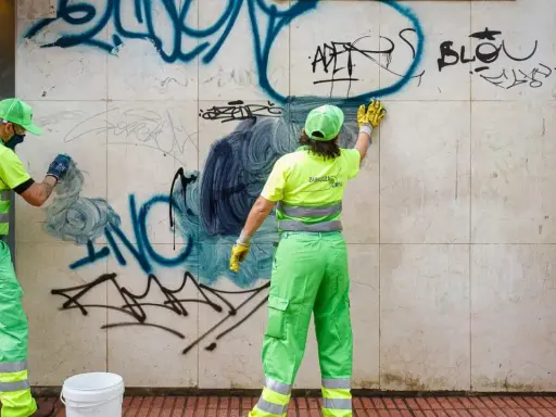Dos trabajadores con uniformes verdes y amarillos brillantes trabajan para limpiar grafitis de una pared de mármol.
