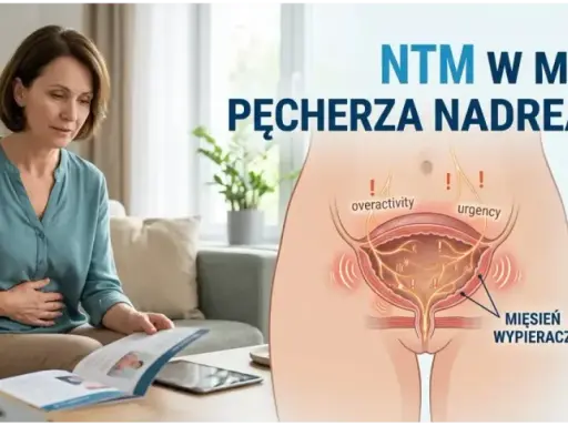 Kobieta z bólem brzucha czyta ulotkę. Obok schemat pęcherza nadreaktywnego, pokazujący objawy: nadreaktywność i nagłe parcie.