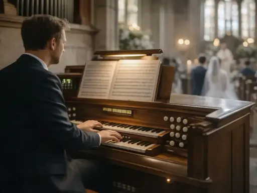 Mężczyzna gra na organach w kościele podczas ślubu. W tle para młoda i goście. Ile bierze organista za ślub?