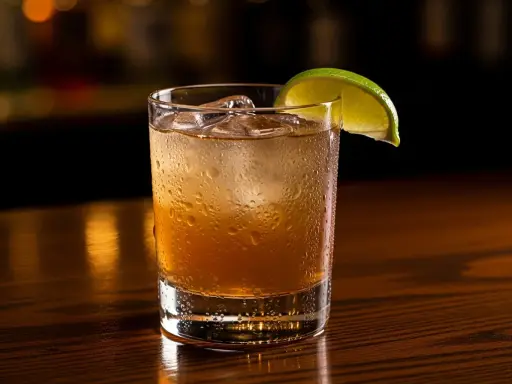 En mörk och stormig drink med is och en limeklyfta, perfekt för en mysig kväll.