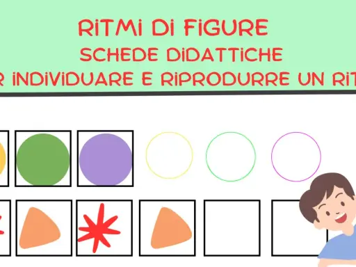 Schede didattiche per scuola infanzia: ritmi e sequenze con figure colorate e vuote. Obiettivi: individuare e riprodurre un ritmo.