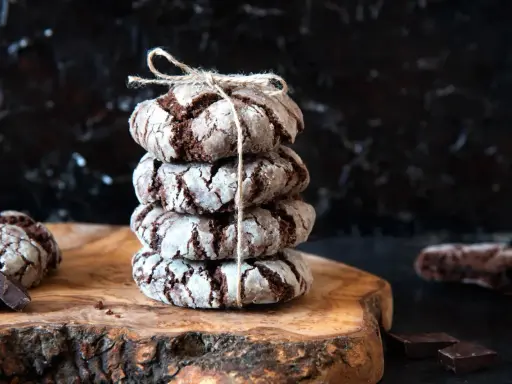 Pile de craquelins au chocolat, parfaits pour une recette facile. Ils sont liés par une ficelle et posés sur une planche en bois.