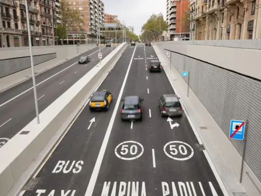 Carril Vao Barcelona: tráfico en túnel urbano con señalización para autobuses y taxis, y límites de velocidad de 50 km/h.