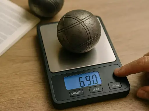 Une boule de pétanque sur une balance numérique affiche 690. Le poids de la boule est mesuré.