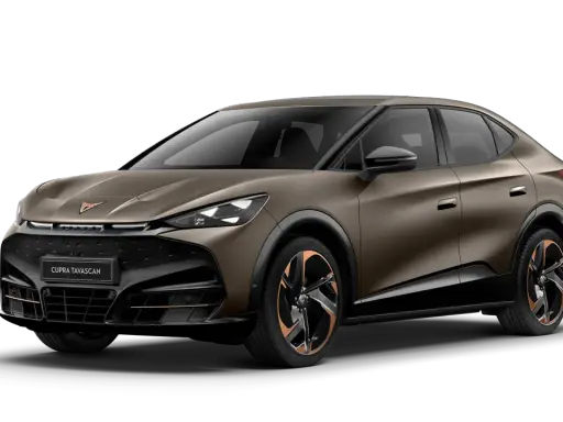Brązowy Cupra Tavascan z miedzianymi akcentami na felgach i karoserii. Nowoczesny design SUV-a coupe.