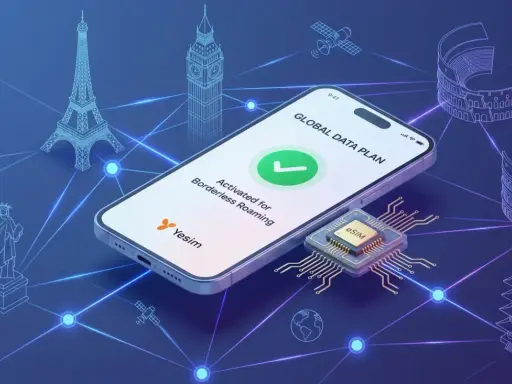 Telefon z esim umożliwia globalny roaming. Na ekranie widnieje potwierdzenie aktywacji planu danych.