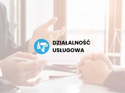Dwie osoby przy stole, symbol malowania i napis "DZIAŁALNOŚĆ USŁUGOWA".