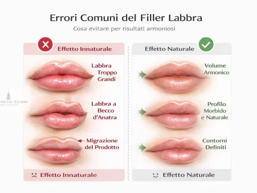 Confronto tra filler labbra tecniche: effetti innaturali (labbra troppo grandi, a becco d'anatra, migrazione) e naturali (volume armonico, profilo morbido, contorni definiti).
