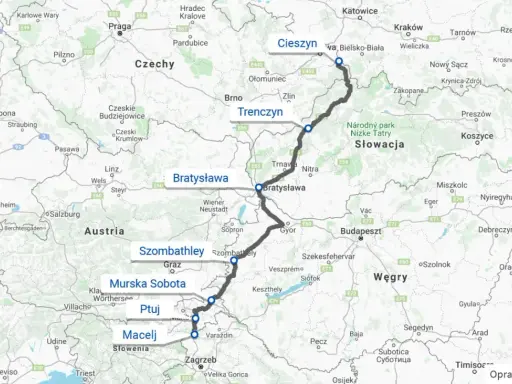 Trasa Polska-Chorwacja samochodem przez Czechy, Słowację i Węgry, z zaznaczonymi miastami Cieszyn, Trenczyn, Bratysława, Szombathely, Murska Sobota, Ptuj i Macelj.