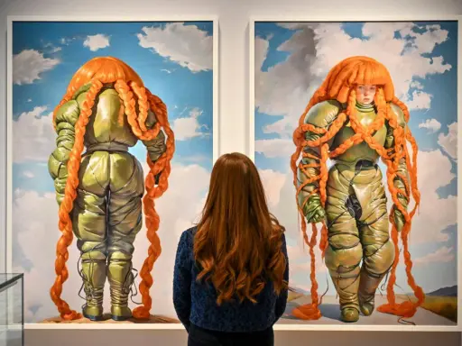 A woman admires two surreal paintings of figures in puffy green suits with bright orange braided hair at Christie's NYC.