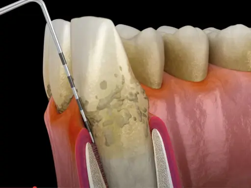 Model szczęki z widocznym zapaleniem kieszonki dziąsłowej. Narzędzie dentystyczne usuwa kamień nazębny spod linii dziąseł.