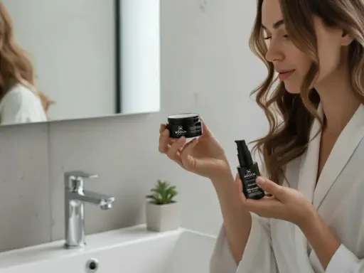 Mujer en bata blanca en el baño, sosteniendo un frasco de crema y un gotero de serum. ¿Qué va primero el serum o la crema?