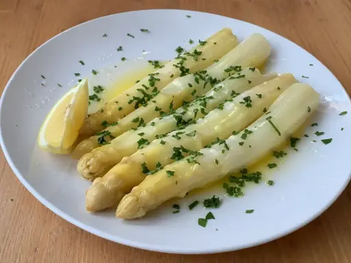 Vitt sparris med smält smör, persilja och en citronklyfta. Perfekt sparris koktid för en lätt och god rätt.