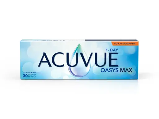 Opakowanie soczewek kontaktowych ACUVUE OASYS MAX 1-DAY dla astygmatyków. Poznaj soczewki kontaktowe plusy: komfort i wyraźne widzenie.