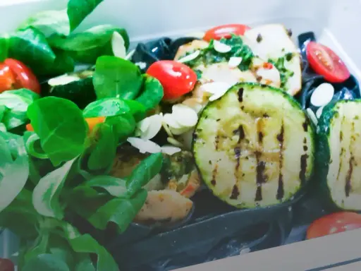 Kolorowy catering dietetyczny z grillowaną cukinią, pomidorkami i zielonymi liśćmi. Dowiedz się, jak podgrzewać catering dietetyczny, by zachować świeżość.