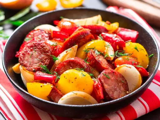 Salsiccia e patate in padella, un piatto saporito con peperoni rossi e gialli, cipolle e erbe aromatiche fresche.