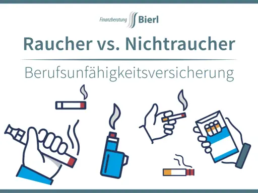 Raucher vs. Nichtraucher: Berufsunfähigkeitsversicherung. Illustrationen von Zigaretten, E-Zigaretten und Feuerzeugen.