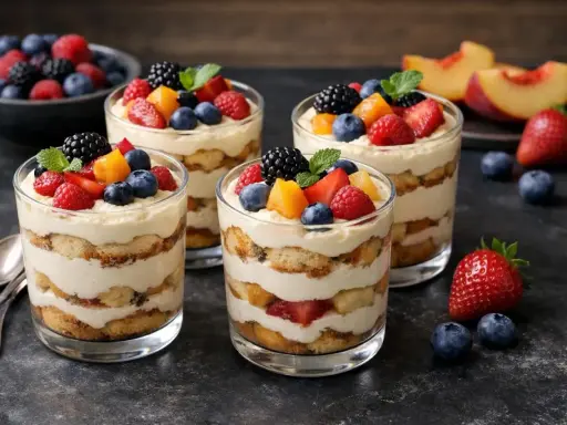 Quatre verrines de dessert minute sans cuisson, garnies de fruits rouges frais et de crème onctueuse.