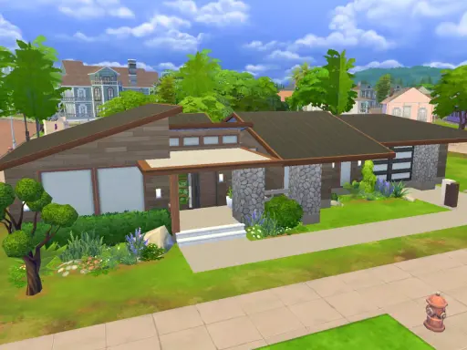 Nowoczesny dom z kamienia i drewna, idealny do pobrania w The Sims 4.