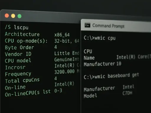 Jak sprawdzić ilość rdzeni procesora? Na ekranie widać terminal z komendami `lscpu` i `wmic cpu`, które pokazują szczegóły procesora, w tym liczbę rdzeni.
