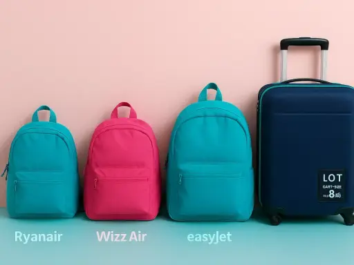 Porównanie rozmiarów bagażu podręcznego: małe plecaki dla Ryanair, Wizz Air, easyJet i walizka LOT.