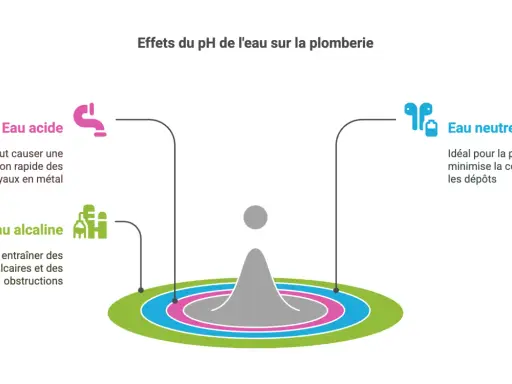 L'eau acide corrode les tuyaux, l'eau alcaline cause des dépôts. L'eau neutre est idéale pour la plomberie, minimisant la corrosion et les dépôts.