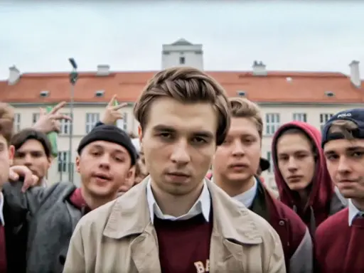 Grupa młodych ludzi przed budynkiem liceum. Czy to właśnie do jakiego liceum chodził Mata?