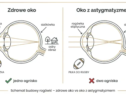 Zdrowe oko ma kulistą rogówkę i jedno ognisko, dając ostry obraz. Oko z astygmatyzmem ma eliptyczną rogówkę, co powoduje dwa ogniska i rozmyty obraz.