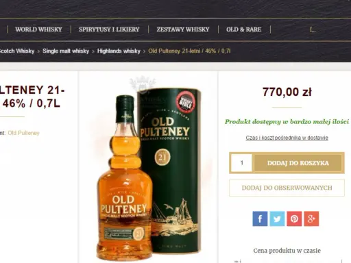 Butelka i tubka whisky Old Pulteney 21-letniej.