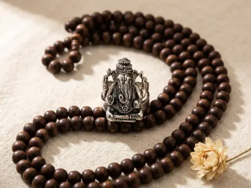 En silverring med Ganesha, omgiven av ett radband av träpärlor. En symbol för visdom och lycka, perfekt för att recitera ganesha mantra.