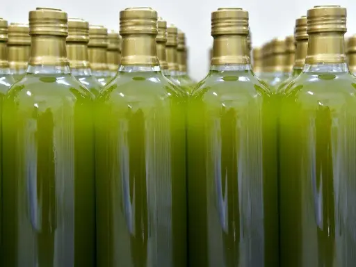 Botellas alineadas llenas de un líquido verde vibrante, reflejando el color del aceite de oliva virgen extra.