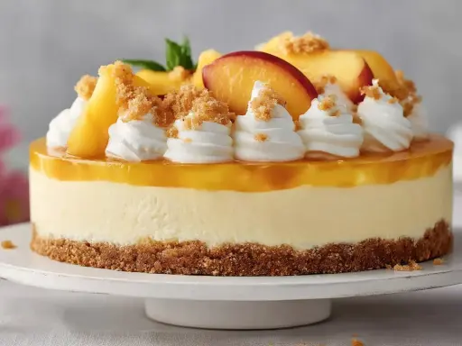 Eine köstliche Solero Torte mit Pfirsichspalten, Sahnetuffs und Streuseln auf einem Keksboden.