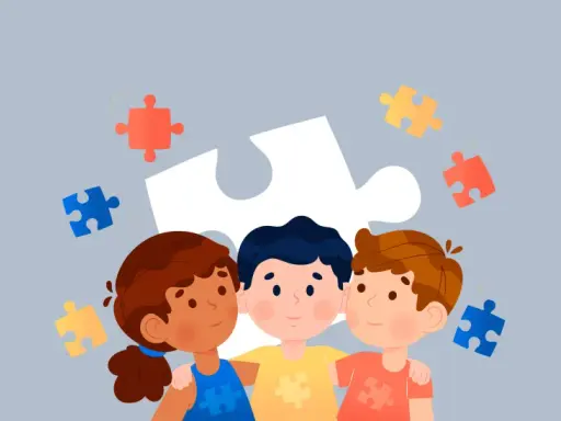 Tres niños se abrazan, rodeados de piezas de rompecabezas. Una guía para como evaluar a un niño con autismo en la escuela.