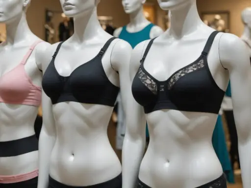 Manekiny prezentują biustonosze. Różowy i czarny, jeden z koronką. To jest bardotka co to za model?