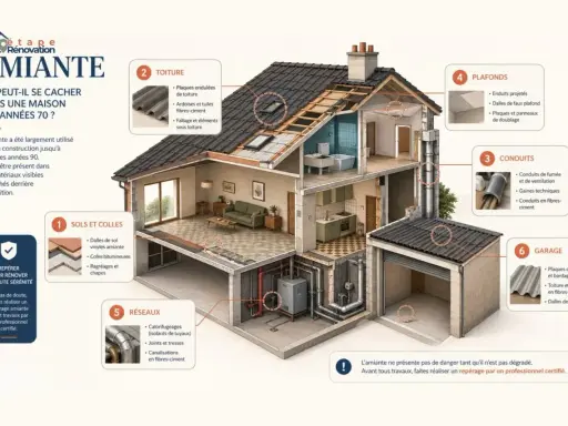 Illustration d'une maison des années 70 coupée en deux, montrant où l'amiante peut se cacher : toiture, sols, conduits, plafonds, réseaux et garage. Repérage amiante avant travaux.