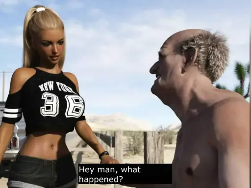 Młoda kobieta pyta starszego mężczyznę "Hey man, what happened?". Scena przypomina porno z lektorem.