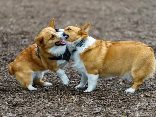 Dwa urocze corgi bawią się na zewnątrz. To świetny przykład, jak wprowadzić szczeniaka do domu z psem, obserwując ich interakcje.