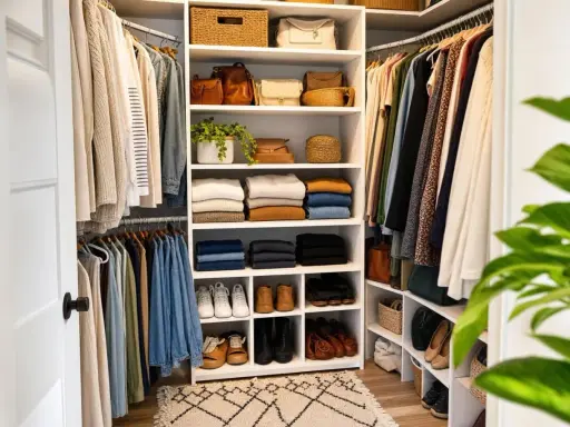 Un dressing bien organisé pour construire un meuble de rangement parfait. Vêtements, sacs et chaussures rangés sur des étagères.