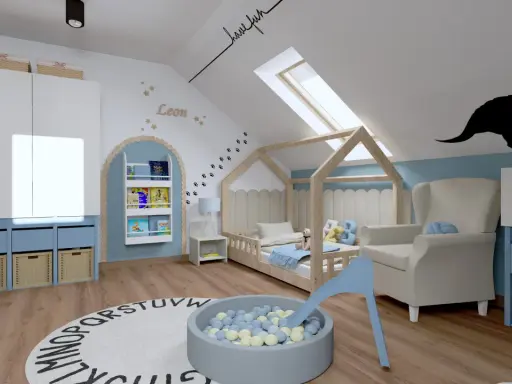 Pokój dziecięcy dla chłopca inspiracje: łóżko domek, basen z kulkami, fotel, szafa i dywan z literami.