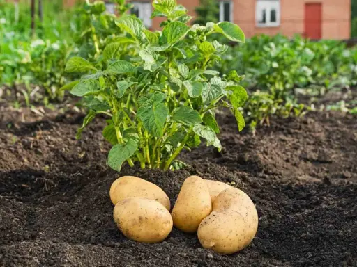 Un plant de pomme de terre vert pousse dans la terre, avec quatre tubercules fraîchement récoltés à ses pieds. La culture de la pomme de terre est une tradition ancestrale.