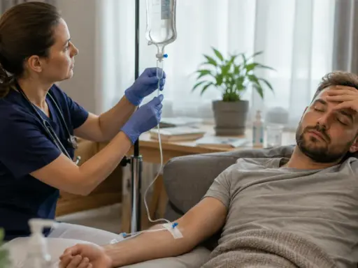 Pielęgniarka przygotowuje kroplówkę dla pacjenta leżącego na kanapie. W kroplówce znajduje się płyn nawadniający.