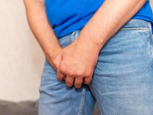 Mężczyzna w dżinsach i niebieskiej koszulce, trzymający się za krocze. Widoczna jest torbiel na jądrze.