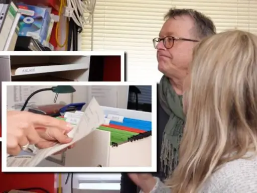 Mann und Frau sortieren Dokumente, um das Arbeitszimmer zu organisieren. Ordner und Ablagefächer sind sichtbar.