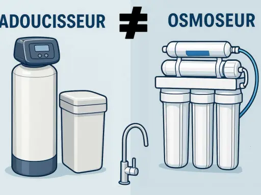 Illustration comparant un adoucisseur d'eau et un système d'osmoseur, montrant leurs différences pour une eau plus pure.