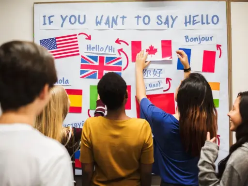 Uczniowie przy tablicy z flagami i napisami: "IF YOU WANT TO SAY HELLO". Rozwiązują zadanie, które może zawierać 10 pytań po angielsku.