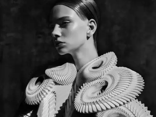 A model showcases intricate, sculptural white garments, embodying futuristic fashion. The avant-garde design features layered, organic shapes that create a dramatic silhouette.