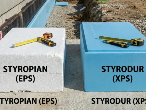 Biały styropian (EPS) i niebieski styrodur (XPS) leżą obok siebie. Miarka i nożyk pokazują, że oba materiały mają podobne właściwości izolacyjne.