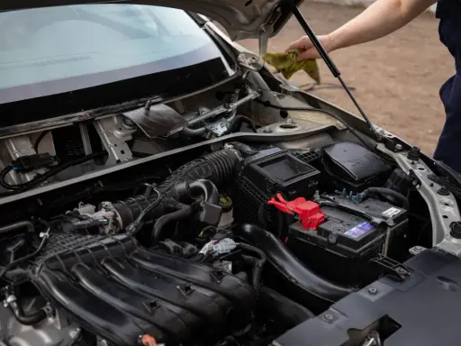 Silnik samochodu z widocznym akumulatorem i elementami układu dolotowego. Czy to zepsuty alternator czy akumulator?