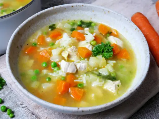 Herzhafte Hühnersuppe mit Reis, Karotten und Erbsen. Ein ideales Gericht für kalte Tage, das zu den besten Suppen Rezepten zählt.